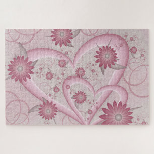 Abstrakte rosa Herzen und Blumen Liebes-Fraktal-Ku Puzzle