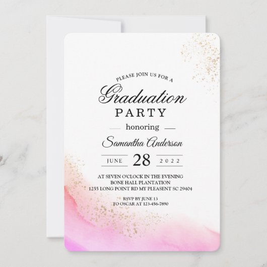 Abstrakte Rosa Pinselstriche und Gold Einladung (Vorderseite)