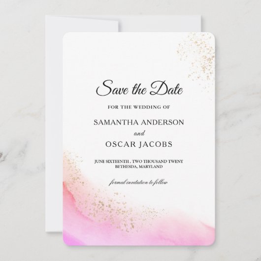 Abstrakte Rosa Pinselstriche und Gold Save The Date (Vorderseite)