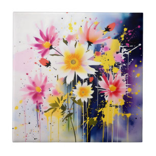 Abstrakte Rosa und Gelbe Pflanze Fliese