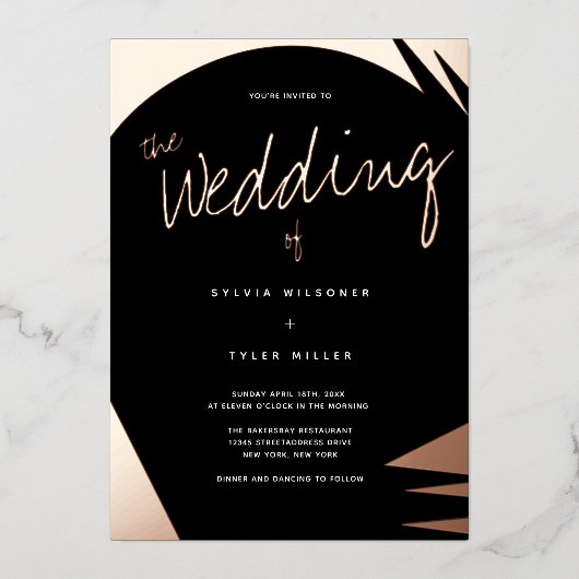 Abstrakte Rose Gold Burnt Orange Typografy Wedding Folieneinladung (Vorderseite)