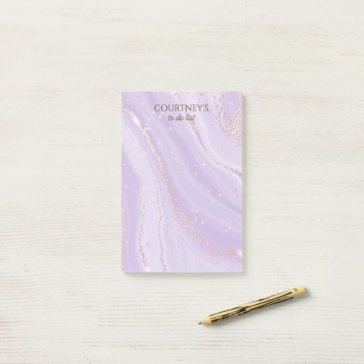 Abstrakte Rose Gold Glitzer Violet Liquid Marmor Post-it Klebezettel (Auf Schreibtisch)