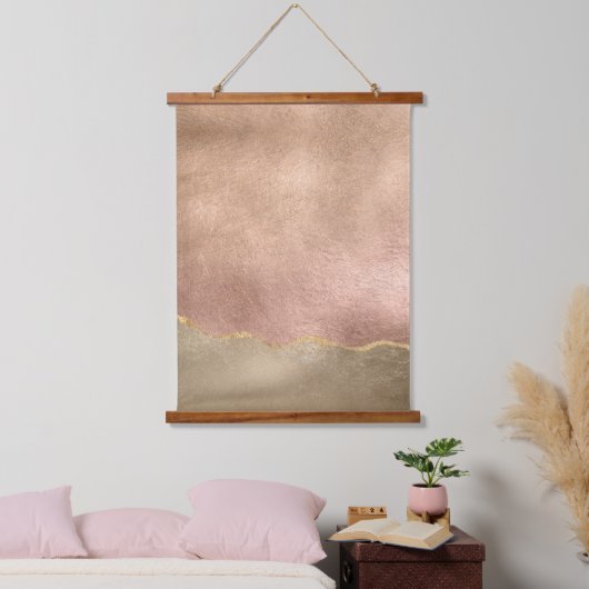 Abstrakte Rose Gold Iridescent Brushed Metal Effec Wandteppich Mit Holzrahmen (Schlafzimmer)