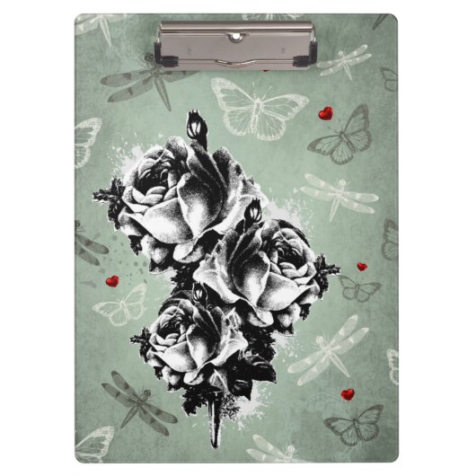 Abstrakte Rosen, Schmetterlinge und Libellen Klemmbrett (Vorderseite)