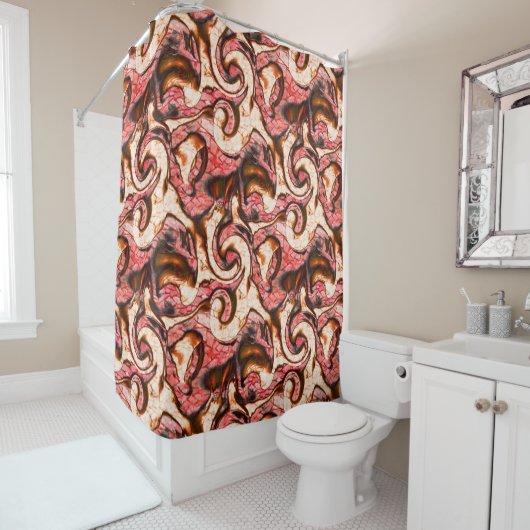 Abstrakte Rot- und Korallenflecken im holzigen Sti Duschvorhang (Beispiel)