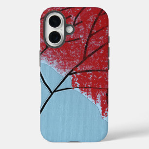 Abstrakte rote Baumblätter auf Blau iPhone 16 Hülle