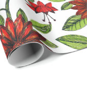 abstrakte rote Blume und grüne Blätter auf weißer Geschenkpapier (Rolleneckpunkt)