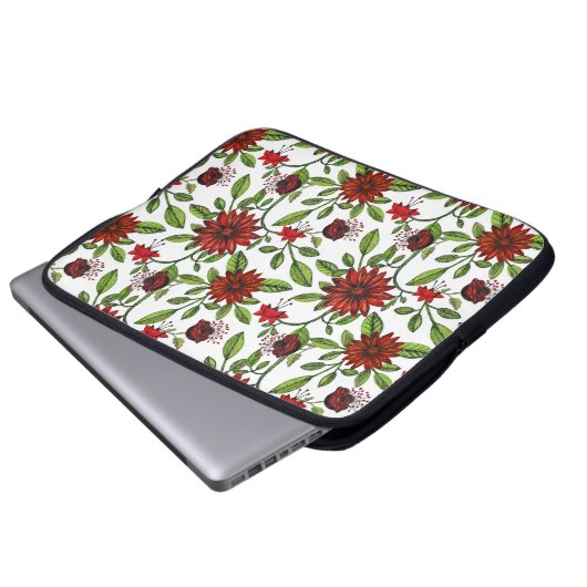 abstrakte rote Blume und grüne Blätter auf weißer Laptopschutzhülle (Vorne Knopf)