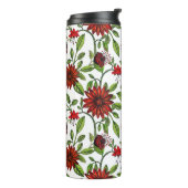 abstrakte rote Blume und grüne Blätter auf weißer Thermosbecher (Nach links gedreht)