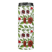 abstrakte rote Blume und grüne Blätter auf weißer Thermosbecher (Rückseite)