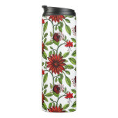 abstrakte rote Blume und grüne Blätter auf weißer Thermosbecher (Nach rechts gedreht)