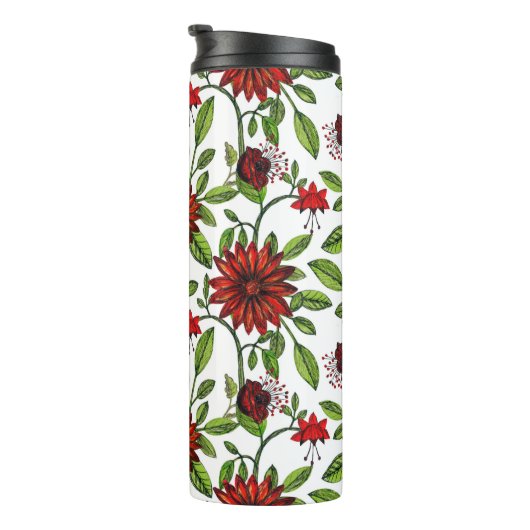 abstrakte rote Blume und grüne Blätter auf weißer  Thermosbecher (Nach rechts gedreht)