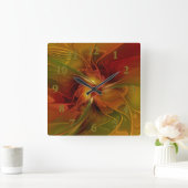 Abstrakte Rote Orange Braun Grünes Fraktal Kunst B Quadratische Wanduhr (Zuhause)