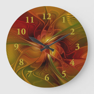 Abstrakte rote orange braune grüne Fractal-Kunst-B Große Wanduhr