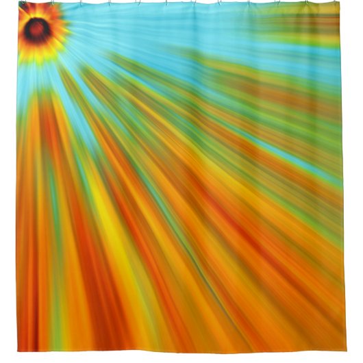 Abstrakte rote, orangefarbene Streifen auf blau Duschvorhang (Vorderseite)