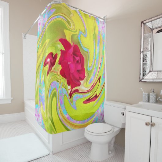 Abstrakte Rote Rose auf Gelb und Aqua Swirl Duschvorhang (Beispiel)