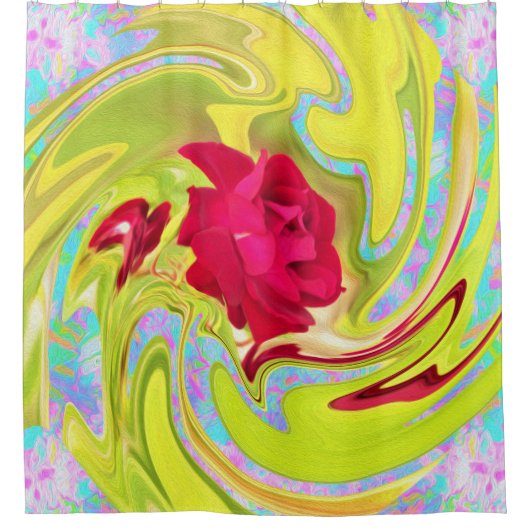 Abstrakte Rote Rose auf Gelb und Aqua Swirl Duschvorhang (Vorderseite)