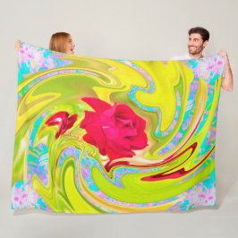 Abstrakte Rote Rose auf Gelb und Aqua Swirl Fleecedecke