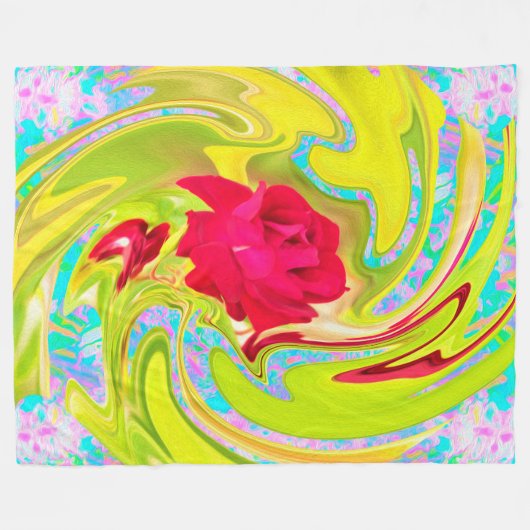 Abstrakte Rote Rose auf Gelb und Aqua Swirl Fleecedecke (Vorderseite (Horizontal))