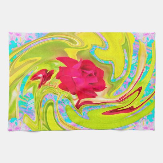 Abstrakte Rote Rose auf Gelb und Aqua Swirl Geschirrtuch (Horizontal)