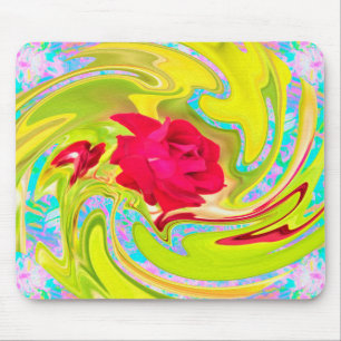 Abstrakte Rote Rose auf Gelb und Aqua Swirl Mousepad