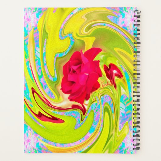 Abstrakte Rote Rose auf Gelb und Aqua Swirl Planer (Rückseite)