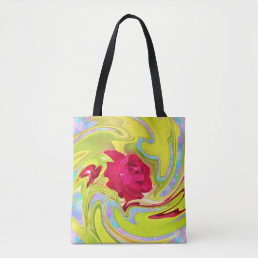 Abstrakte Rote Rose auf Gelb und Aqua Swirl Tasche (Vorderseite)