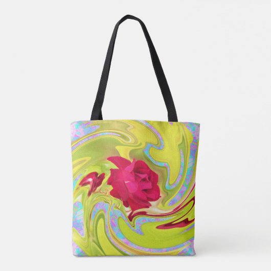 Abstrakte Rote Rose auf Gelb und Aqua Swirl Tasche (Rückseite)
