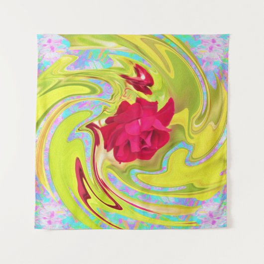 Abstrakte Rote Rose auf Gelb und Aqua Swirl Wandteppich (Vorderseite (Horizontal))