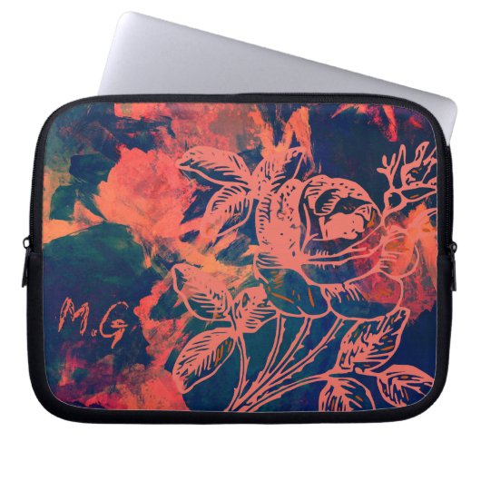 Abstrakte rote Rosen-Kunstmonogramm Laptopschutzhülle (Vorderseite)