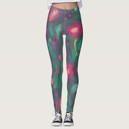 Abstrakte rote Rosen Leggings (Vorderseite)