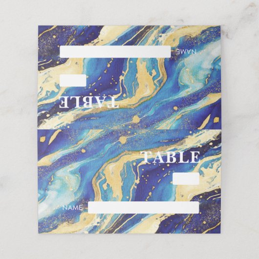 Abstrakte Royal Navy Blue and Gold Wedding Platzkarte (Außenseite Aufgefaltet)