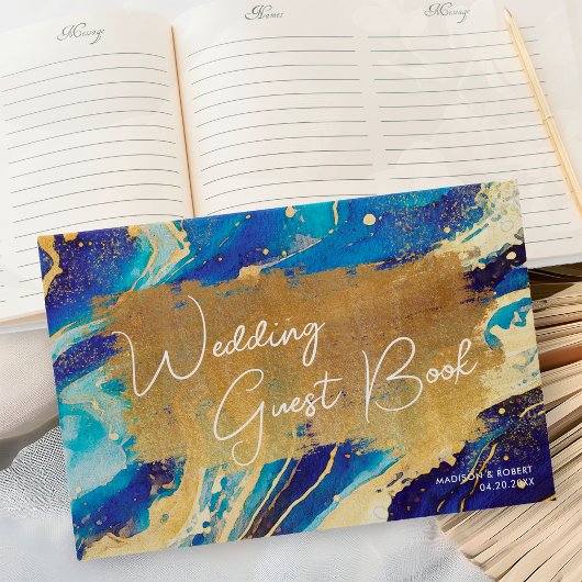 Abstrakte Royal Navy Blue und Gold Custom Wedding Gästebuch