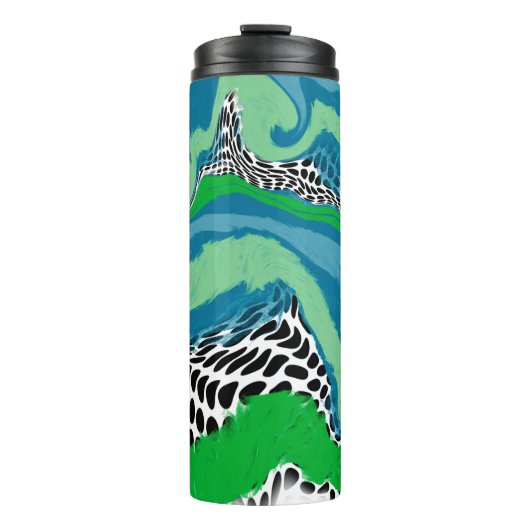 Abstrakte Sage Green und Blue, Black und White Dot Thermosbecher (Vorderseite)