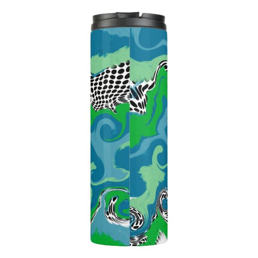 Abstrakte Sage Green und Blue, Black und White Dot Thermosbecher (Rückseite)