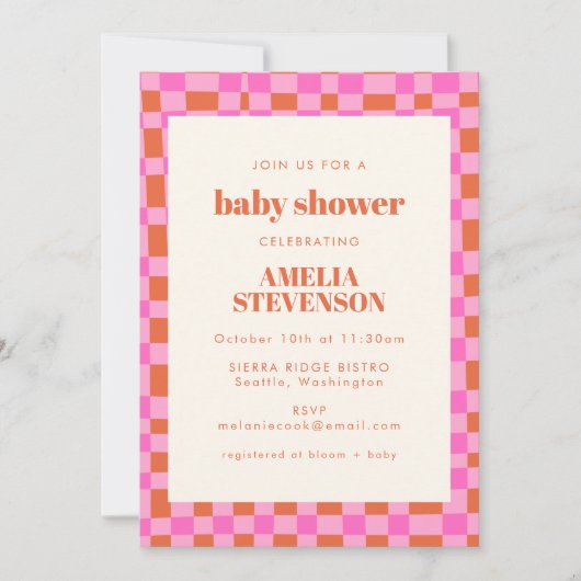 Abstrakte Schachmatte Rosa Orange Babydusche Einladung (Vorderseite)