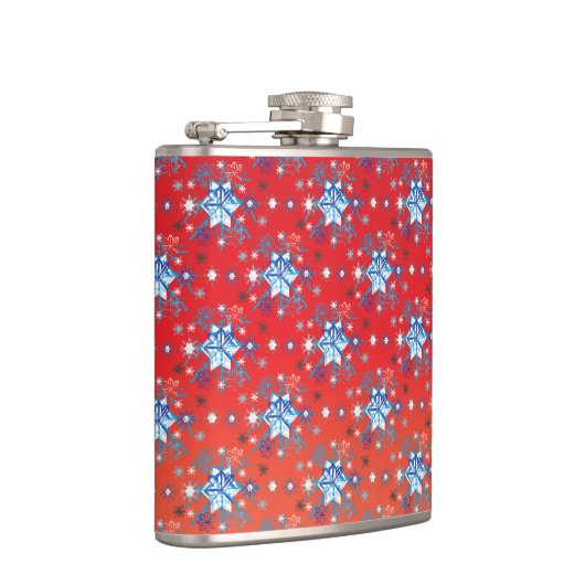 Abstrakte Schneeflocken in Rot und Blau Flachmann (Rechts)