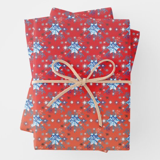 Abstrakte Schneeflocken in Rot und Blau Geschenkpapier Set (Beispiel)