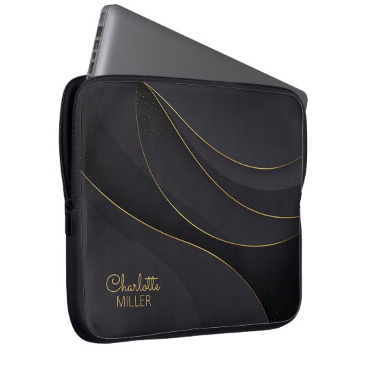 Abstrakte Schwarz-Gold-Linien mit Individuelle Nam Laptopschutzhülle (Vorne Rechts)