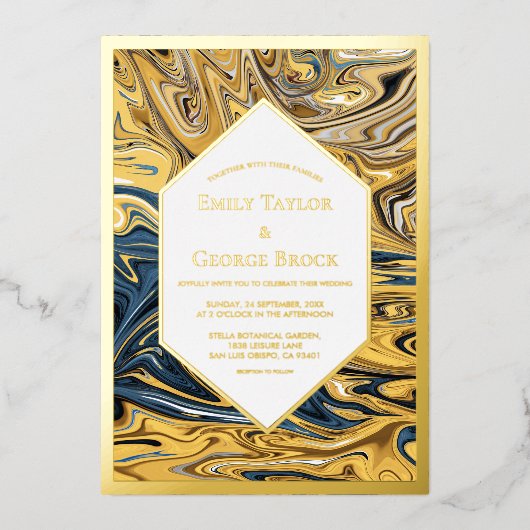 Abstrakte Schwarz-Gold-Waves Folieneinladung (Vorderseite)