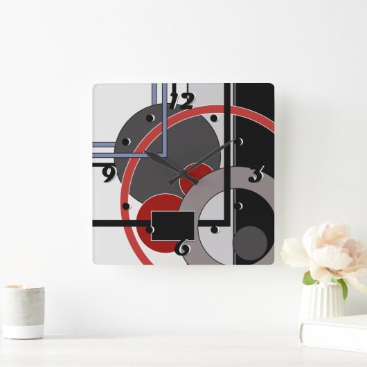 Abstrakte, schwarz-rote Malgeometrie Quadratische Wanduhr (Zuhause)