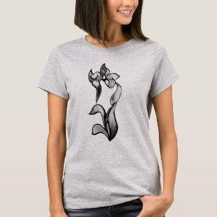 Abstrakte Schwarz-weiß glänzende Blume auf grau T-Shirt