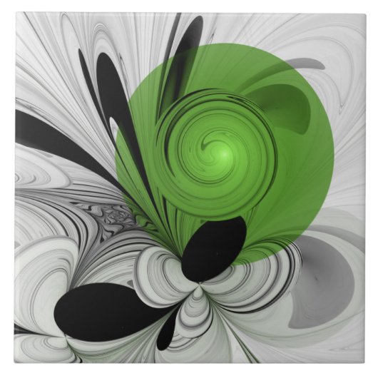 Abstrakte Schwarz-Weiß-Kunst mit grüner Fractal-Ku Fliese (Vorderseite)