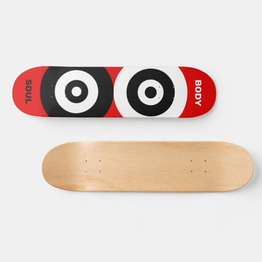 Abstrakte schwarz-weiße Kreise auf rot Skateboard (Horizontal)