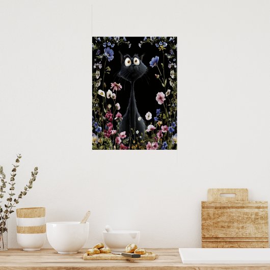 Abstrakte Schwarze Katze Farbenfrohe Wilde Blume Poster (Küche)