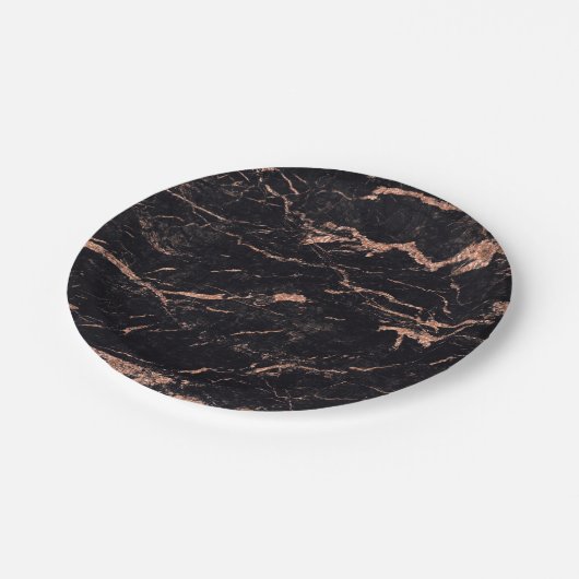 Abstrakte Schwarze Rose Gold Glitzer Marmorplatte Pappteller (Schrägansicht)