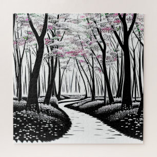 Abstrakte Schwarze Silhouette Bäume mit Lila Blätt Puzzle