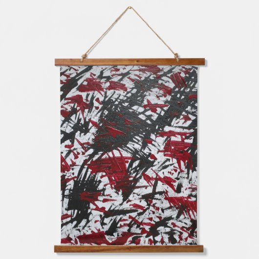 Abstrakte schwarze und rote Markierungen Wandteppich Mit Holzrahmen (Vorderseite)