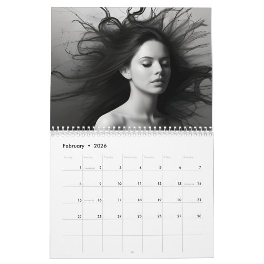 Abstrakte Schwarzweißkunst Kalender (Feb 2026)