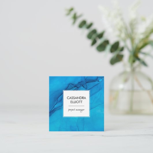 Abstrakte Scuba Blue Alkohol Tinte Flüssigkeit Kun Quadratische Visitenkarte (Stehend Vorderseite)